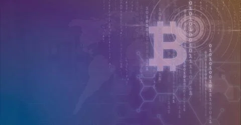 Composition of bitcoin symbol, binary coding processing on world map background Illustrazione stock