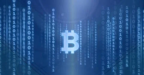 Composition of bitcoin symbol, binary coding processing on blue background Illustrazione stock