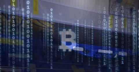 Composition of bitcoin symbol, binary coding processing on computer background Stock-Illustration