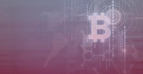 Composition of bitcoin symbol, binary coding processing on world map background Illustrazione stock