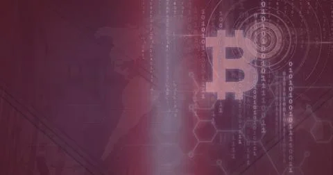 Composition of bitcoin symbol, binary coding processing on world map background Stock Photos