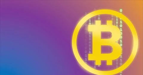 Composition of bitcoin symbol over binary coding on purple background Stock Illustration