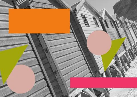 Composition of black and white image of beach huts with colourful geometric Stock Photos