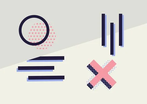 Composition of black circle and lines with pink cross and dot details on divided 스톡 일러스트