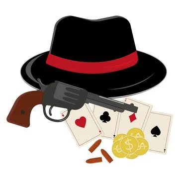 Composition black hat, revolver, playing cards and money, color isolated vect Stock Illustration