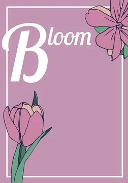 Composition of bloom text over flower icons on pink background Ilustração Stock