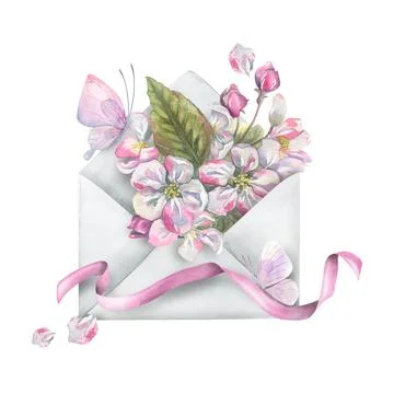 Composition with blooming apple flowers in envelope and pink butterfly, ribbon Stock Illustration