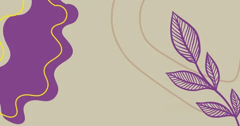Composition of blue and purple graphic plant shapes with beige lines on light Stock Illustration