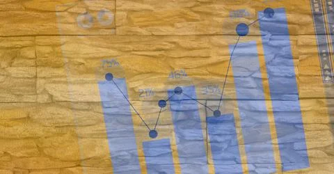 Composition of blue bar and line graph charts over textured yellow wall Stock Illustration