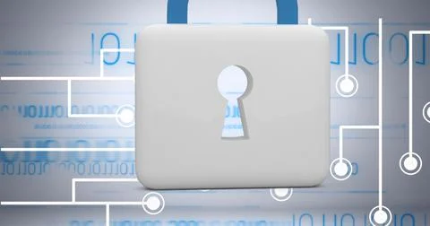 Composition of blue binary numbers, with motherboard and padlock on grey イラスト素材