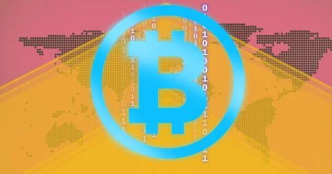 Composition of blue bitcoin symbol binary coding and world map on pink Illustrazione stock
