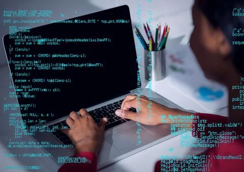 Composition of blue data processing over woman using laptop in background Stockfoto's