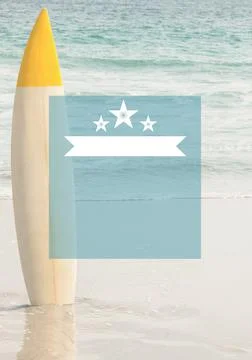 Composition of blue frame and surfboard at beach Foto stock