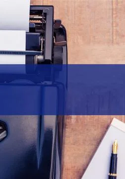 Composition of blue frame over typewriter and pen on table Stock Photos