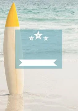 Composition of blue frame over yellow surfboard on beach Stock Photos