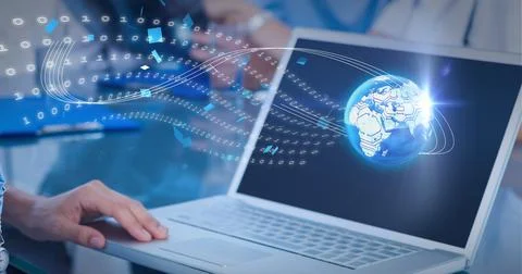 Composition of blue globe with binary coding processing over laptop screen Foto stock