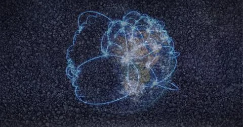 Composition of blue glowing connections and globe over road surface Ilustração Stock