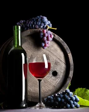 Composition of blue grape and red wine Stock Photos