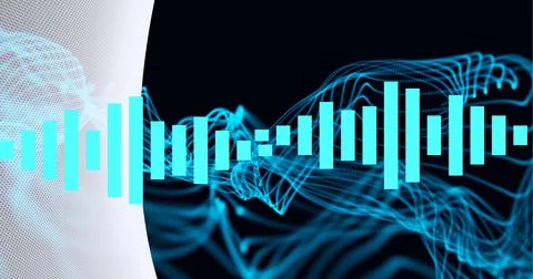 Composition of blue graphic music equalizer over blue light trails in background Illustrazione stock