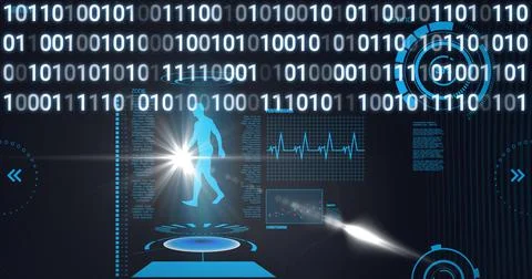 Composition of blue human body and scientific digital icons with binary coding Stockillustratie