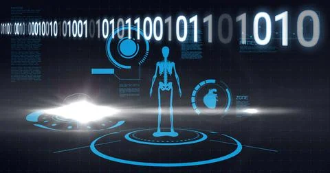 Composition of blue human skeleton with scientific digital icons and binary Stock Illustration