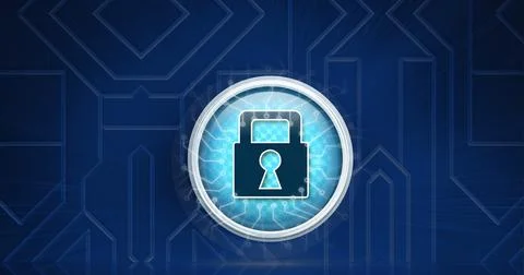 Composition of blue padlock icon with circuits on dark blue circuitboard Stock Illustration