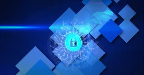 Composition of blue padlock icon with grey circuits over blue rectangles and 库存插图
