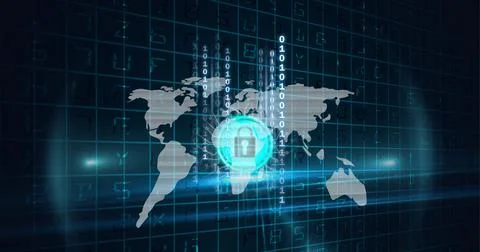 Composition of blue padlock icon with map and binary over grid, with lights on Stock Illustration