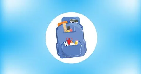 Composition of blue schoolbag in white circle on blue background Stock Illustration