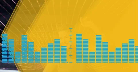 Composition of blue sound frequency level meters on yellow with dot stripes over Stock Photos