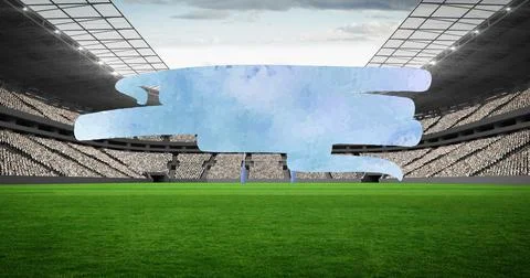 Composition of blue squiggle with copy space over empty sports stadium with Stock Illustration
