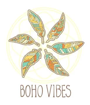 Composition of Boho ornamental feathers in circle Composition of Boho orna... Foto stock