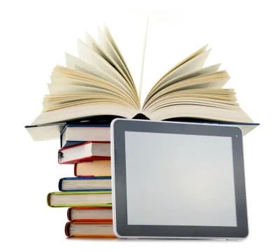 Composition with books and tablet computer isolated on white background Stock Photos