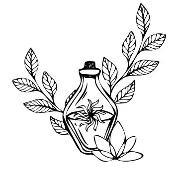 Composition from a bottle with a potion with leaves and a lotus flower. Black Stock Illustration