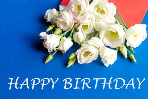 Composition with bouquet with eustoma, envelope. Floral decorative elements on Stock Photos