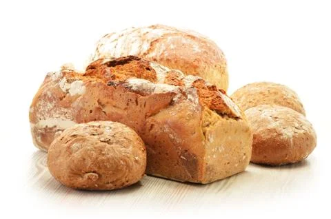 Composition with bread and rolls isolated on white Stock Photos