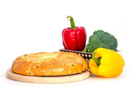 Composition with bread and vegetable isolated on white Stock Photos