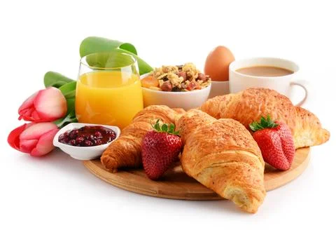 Composition with breakfast on the cutting board isolated on white Stock Photos