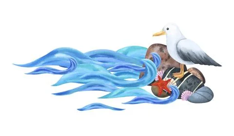 Composition of a breaking wave near a stone shore with a seagull and shells.. Illustrazione stock