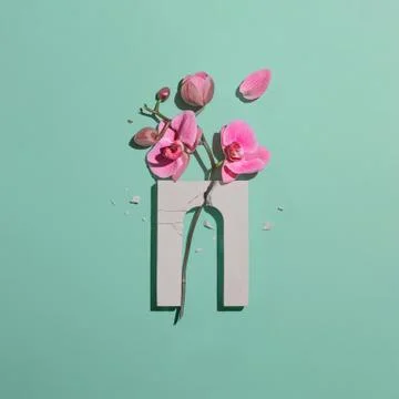 Composition with a broken arch and pink orchid flower on a mint background 库存照片