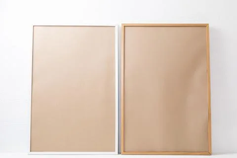Composition of brown cards in frames with copy space on white background Stock Photos