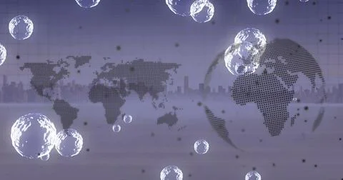 Composition of bubbles and world map with globe over cityscape Ilustração Stock