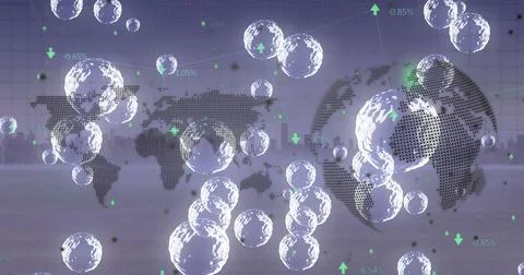 Composition of bubbles and world map with globe over cityscape Illustrazione stock