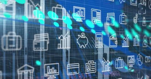 Composition of business icons and server room over data processing Ilustração Stock