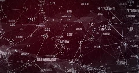 Composition of business text and numbers processing over network of connections Ilustração Stock