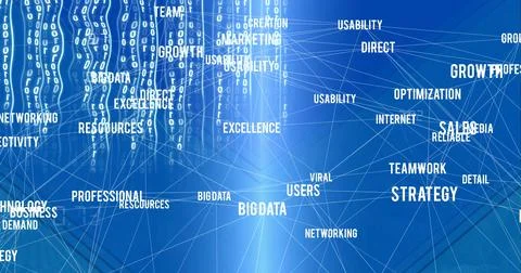 Composition of business text, binary coding and network of connections on blue Stock Illustration