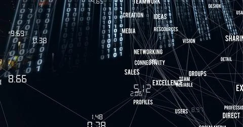 Composition of business text, network of connections over binary coding on black Stock Illustration