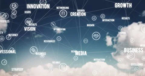 Composition of business text with network of connections on cloud background Stock Illustration
