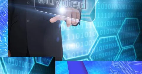 Composition of businessman touching encrypted screen over binary coding Stock Photos