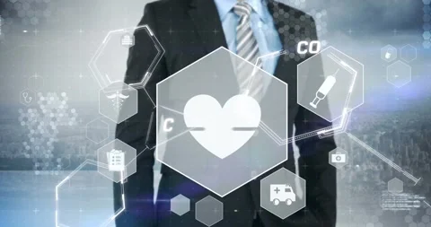 Composition of businessman touching interactive screen with network of Stock Footage 329692672